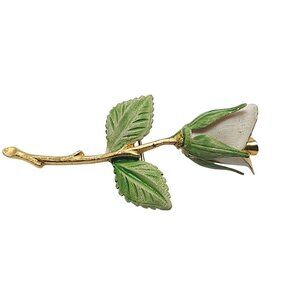 Vintage Rose Flower Brooch Pin Gold Tone White Green Enamel